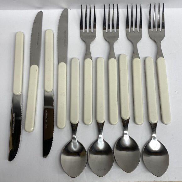 12 Pc. Picnic Time Flatware Silverware White Stainless Steel Dining Holiday - Picture 1 of 7